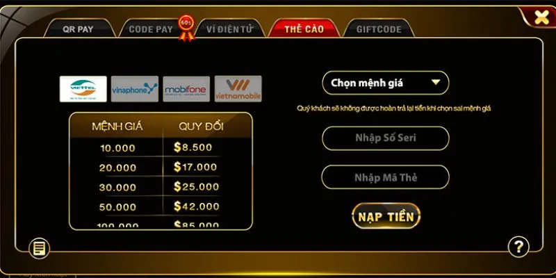 Đa dạng phương thức nạp tiền trên go88