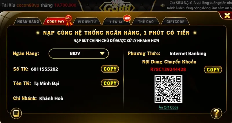 Nạp tiền vào go88 qua đa dạng phương thức tiện lợi